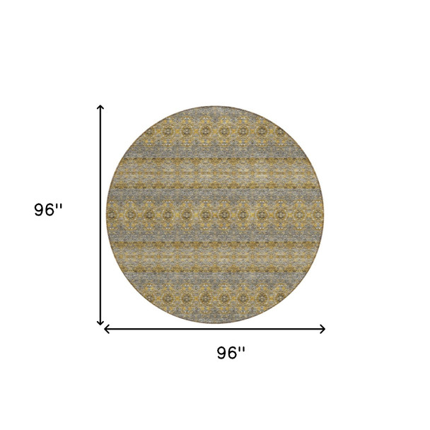 8' Gold Gray And Silver Round Floral Medallion Washable Indoor Outdoor Area Rug