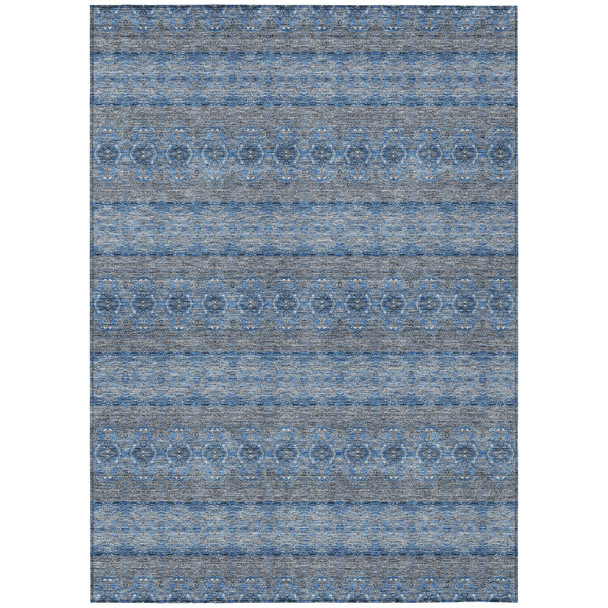 10' X 14' Navy Blue And Sky Blue Floral Medallion Washable Indoor Outdoor Area Rug