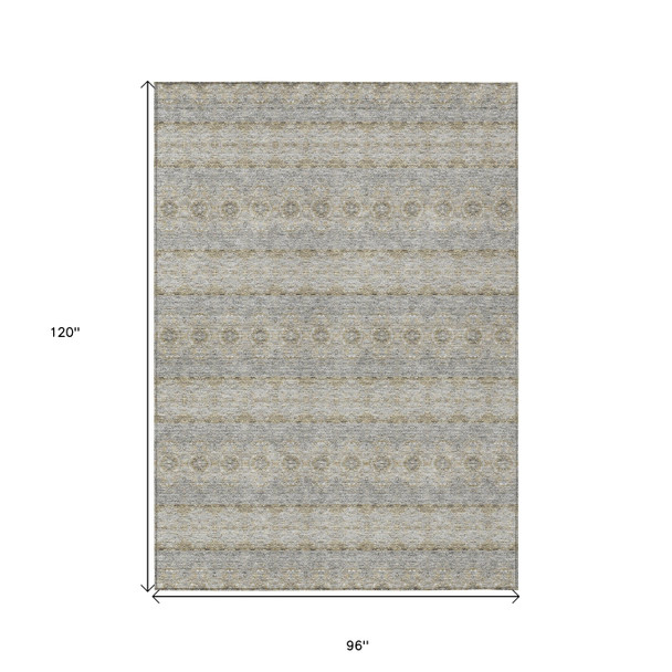 8' X 10' Silver Gray And Gold Floral Medallion Washable Indoor Outdoor Area Rug