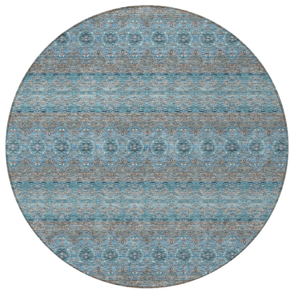 8' Teal Blue Aqua And Gray Round Floral Medallion Washable Indoor Outdoor Area Rug