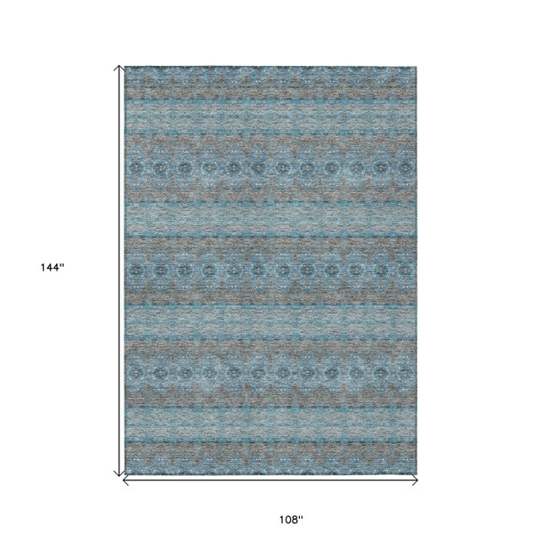 9' X 12' Teal Blue Aqua And Gray Floral Medallion Washable Indoor Outdoor Area Rug