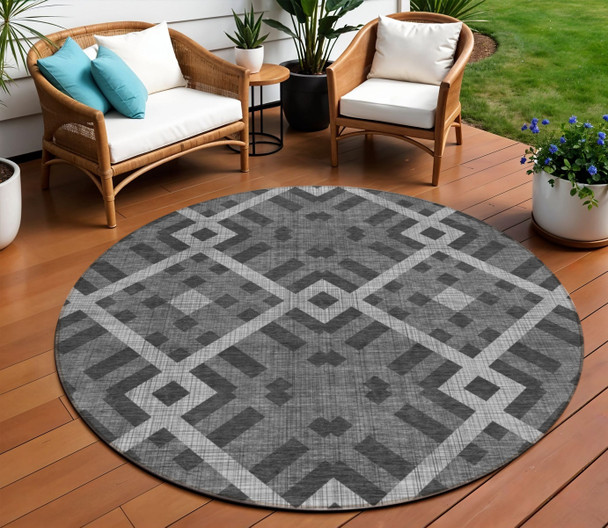 8' Charcoal Gray And Silver Round Geometric Washable Indoor Outdoor Area Rug