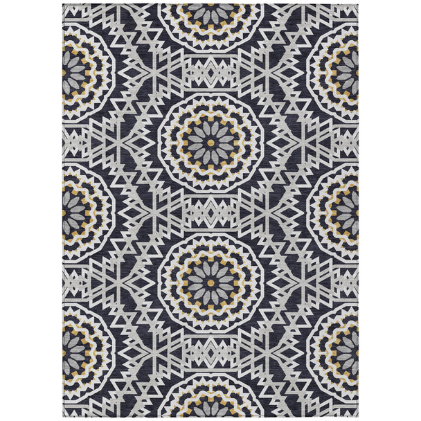 10' X 14' Black Ivory And Gray Floral Medallion Washable Indoor Outdoor Area Rug