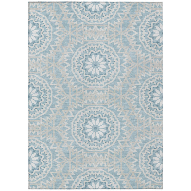 8' X 10' Denim Blue And Ivory Floral Medallion Washable Indoor Outdoor Area Rug