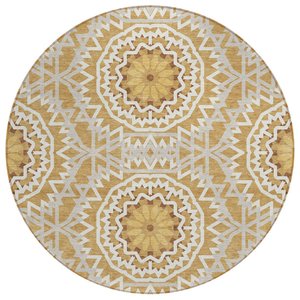 8' Gold Gray And Ivory Round Floral Medallion Washable Indoor Outdoor Area Rug
