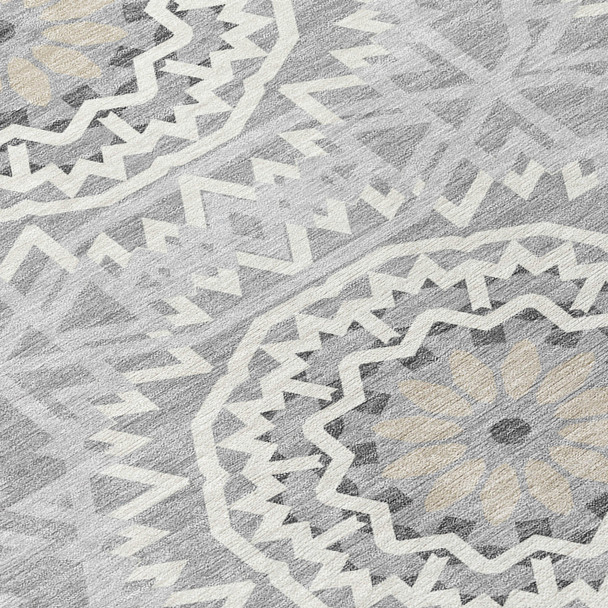 8' X 10' Gray Silver And Ivory Floral Medallion Washable Indoor Outdoor Area Rug
