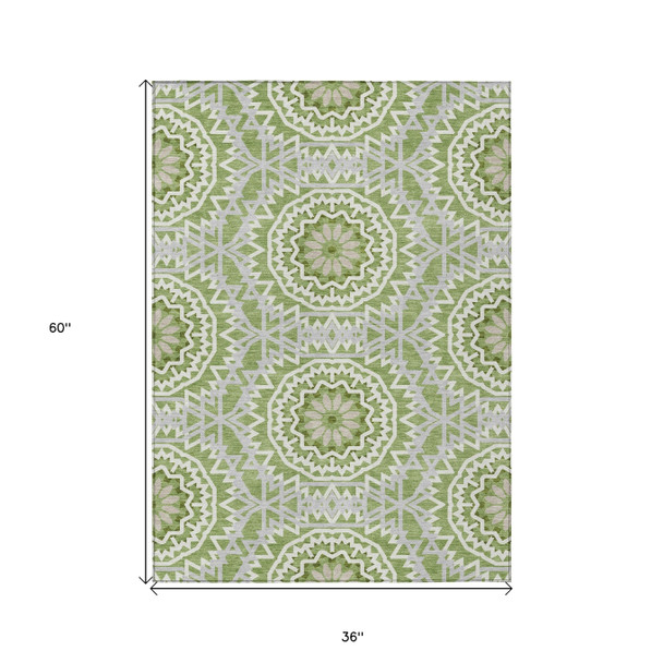 3' X 5' Olive Green And Ivory Floral Medallion Washable Indoor Outdoor Area Rug