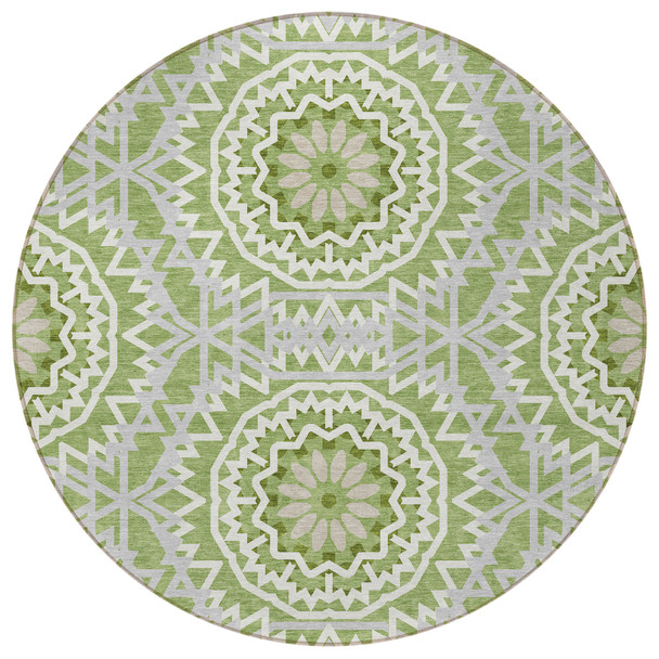 8' Olive Green And Ivory Round Floral Medallion Washable Indoor Outdoor Area Rug