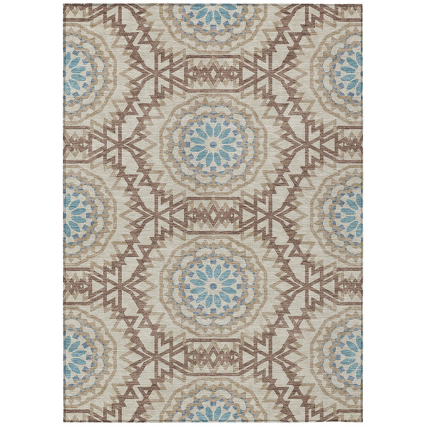 5' X 8' Khaki Brown And Taupe Floral Medallion Washable Indoor Outdoor Area Rug