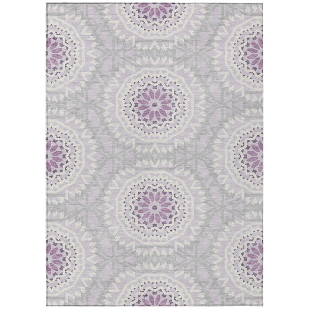8' X 10' Lilac Purple And Ivory Floral Medallion Washable Indoor Outdoor Area Rug