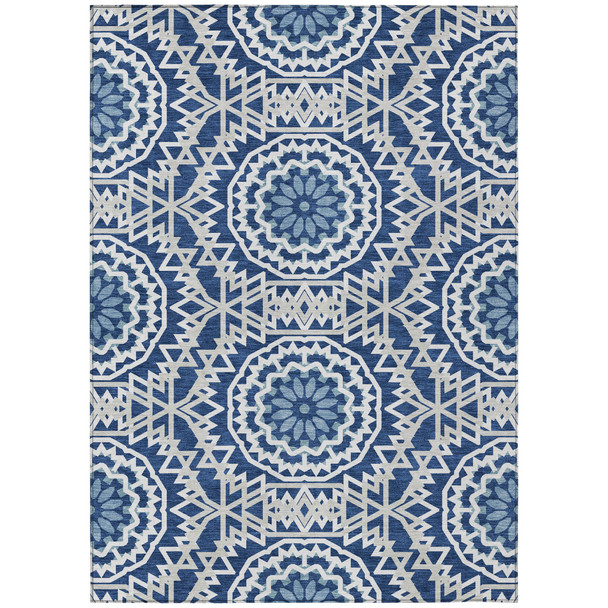 5' X 8' Navy Blue Ivory And Gray Floral Medallion Washable Indoor Outdoor Area Rug