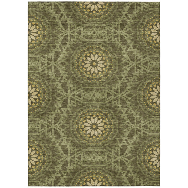 9' X 12' Olive Green Artichoke Green And Gold Floral Medallion Washable Indoor Outdoor Area Rug