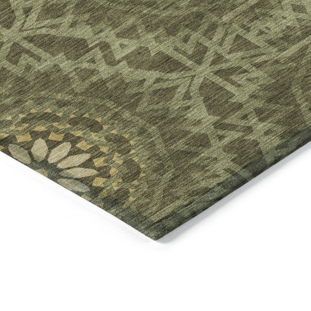10' X 14' Olive Green Artichoke Green And Gold Floral Medallion Washable Indoor Outdoor Area Rug