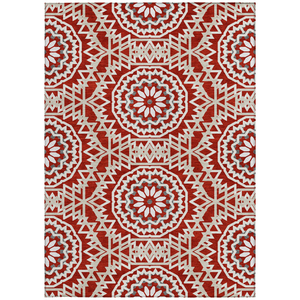 3' X 5' Red Beige And Ivory Floral Medallion Washable Indoor Outdoor Area Rug