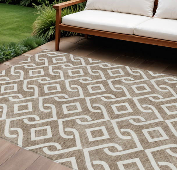 10' X 14' Brown And Ivory Geometric Washable Indoor Outdoor Area Rug