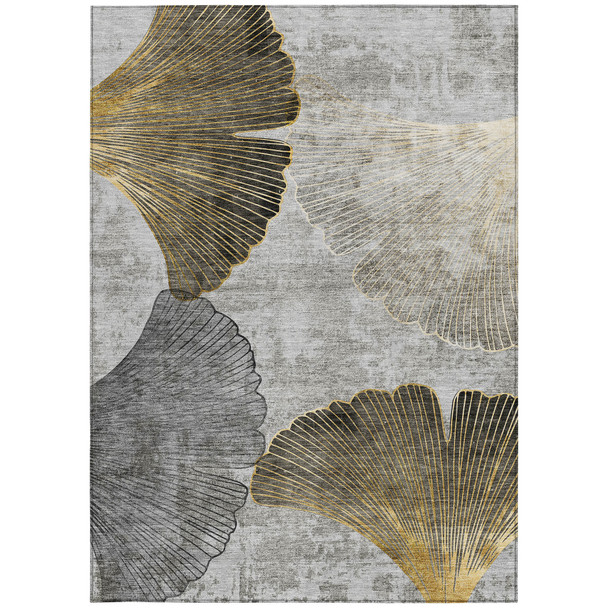 9' X 12' Gray Charcoal And Silver Floral Washable Indoor Outdoor Area Rug