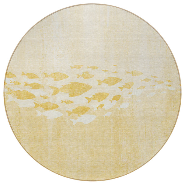 8' Gold Yellow And Wheat Round Nautical Washable Indoor Outdoor Area Rug