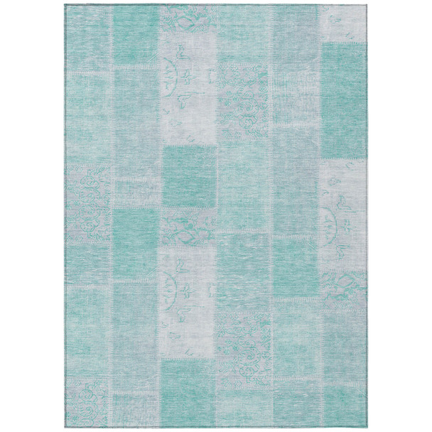 9' X 12' Aqua Teal Blue And Silver Patchwork Washable Indoor Outdoor Area Rug