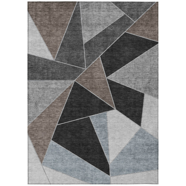 9' X 12' Chocolate Gray And Charcoal Geometric Washable Indoor Outdoor Area Rug