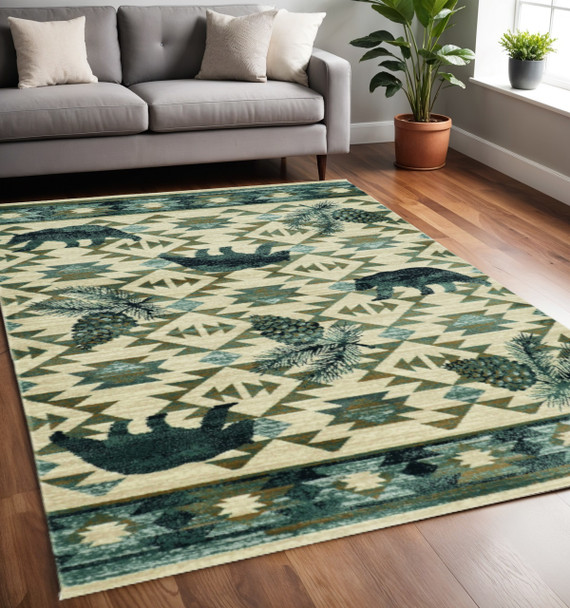 5' X 8' Ivory And Blue Southwestern Area Rug