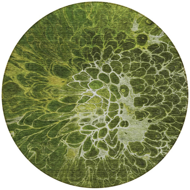 8' Olive Green And Sage Round Abstract Washable Indoor Outdoor Area Rug