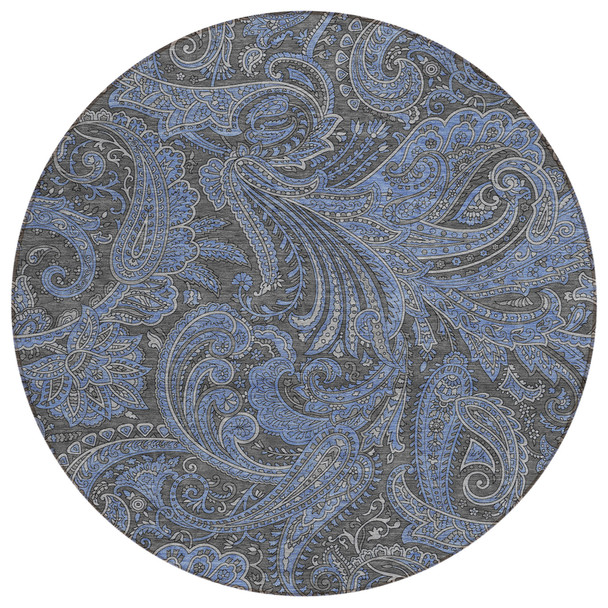 8' Charcoal Gray And Blue Round Paisley Washable Indoor Outdoor Area Rug