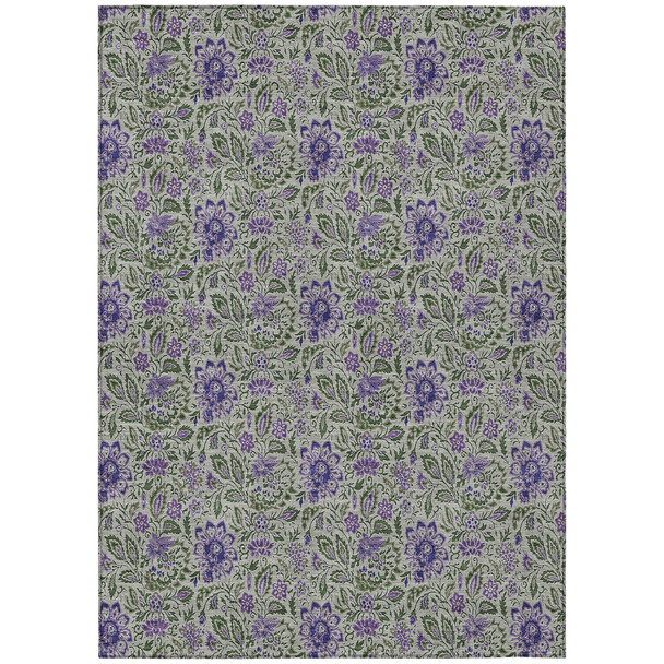 5' X 8' Olive Green Sage And Purple Floral Washable Indoor Outdoor Area Rug