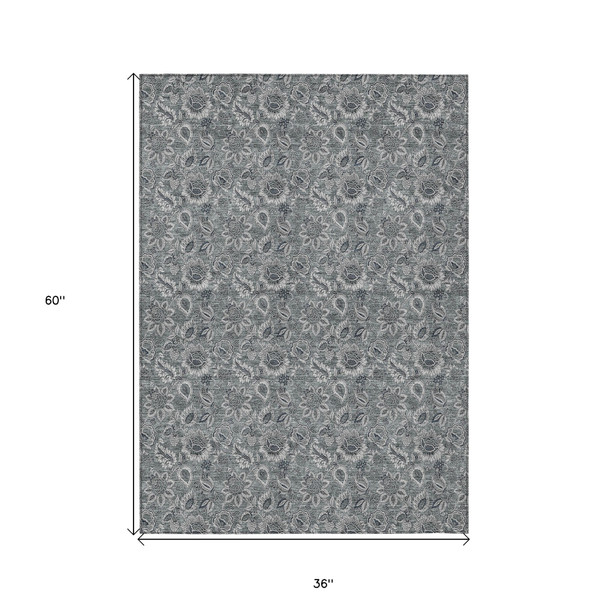 3' X 5' Gray Silver And Charcoal Floral Washable Indoor Outdoor Area Rug