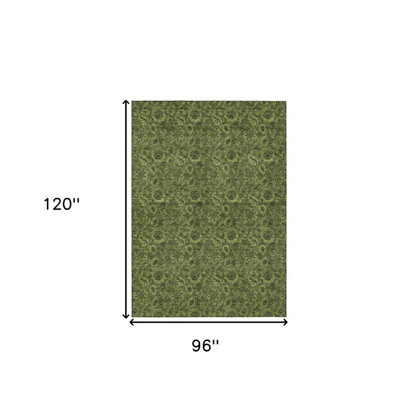 8' X 10' Olive Green And Fern Green Floral Washable Indoor Outdoor Area Rug