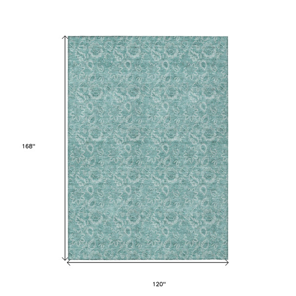 10' X 14' Teal Blue And Aqua Floral Washable Indoor Outdoor Area Rug