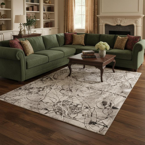 8' X 11' Ivory Gray And Brown Abstract Area Rug