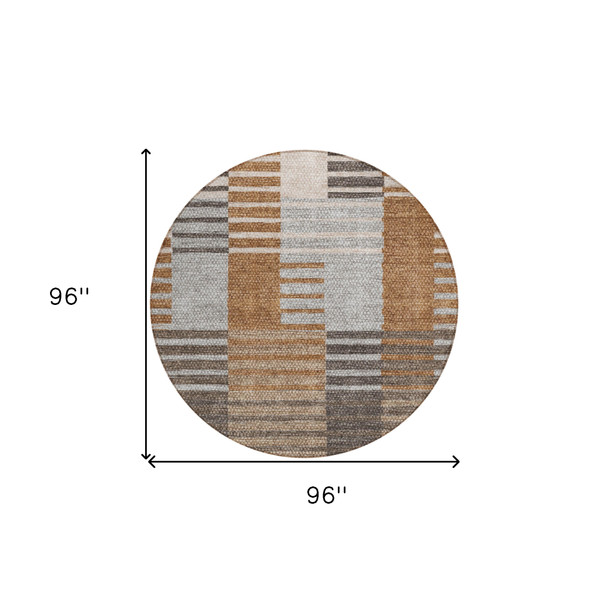 8' Chocolate And Gray Round Striped Washable Indoor Outdoor Area Rug