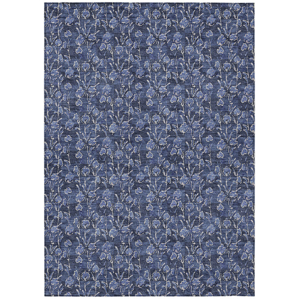 8' X 10' Navy Blue Denim Blue And Ivory Floral Washable Indoor Outdoor Area Rug