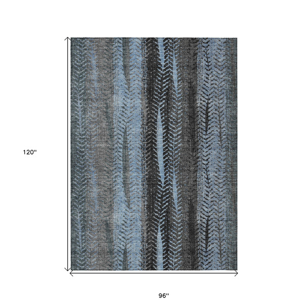 8' X 10' Blue Gray And Charcoal Botanical Leaves Washable Indoor Outdoor Area Rug