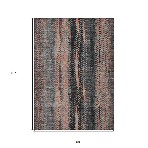 5' X 8' Blue Charcoal And Copper Botanical Leaves Washable Indoor Outdoor Area Rug