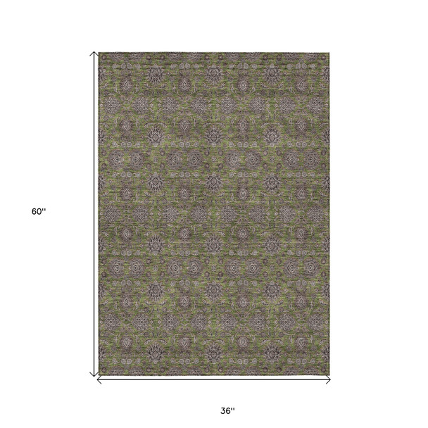 3' X 5' Olive Green Beige And Taupe Floral Washable Indoor Outdoor Area Rug