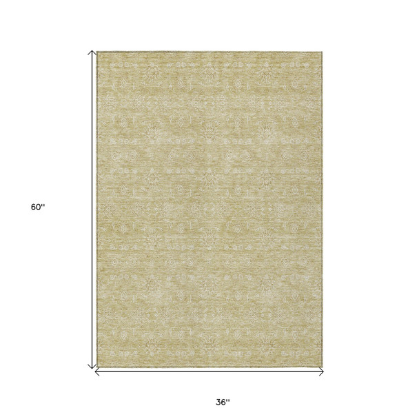 3' X 5' Beige Tan And Ivory Floral Washable Indoor Outdoor Area Rug