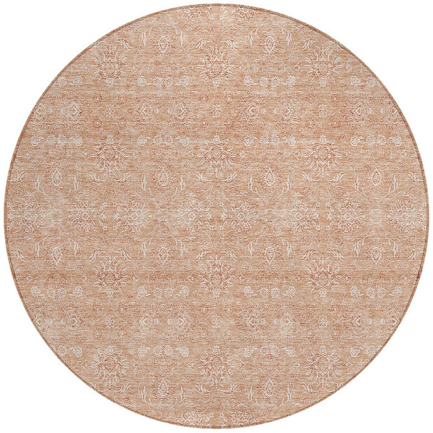 8' Copper And Beige Round Floral Washable Indoor Outdoor Area Rug