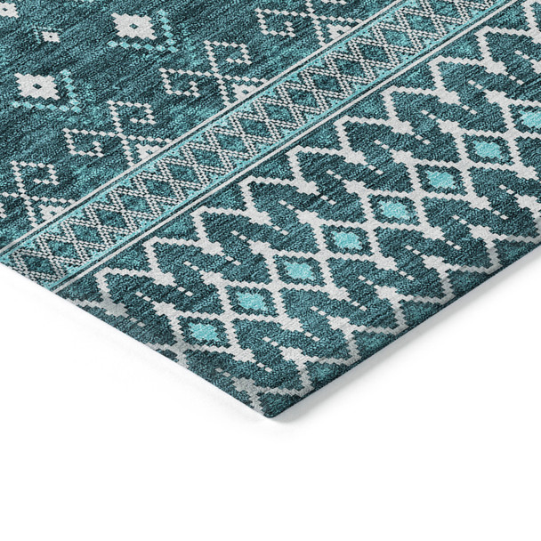 8' X 10' Teal Blue Aqua And Ivory Tribal Washable Indoor Outdoor Area Rug