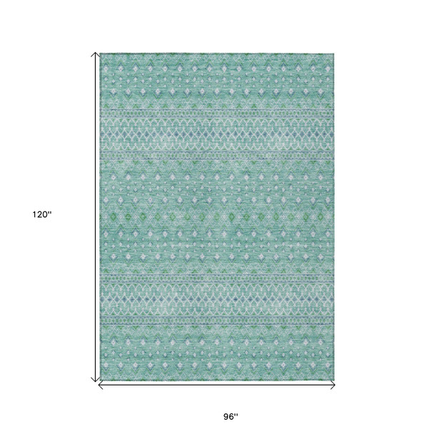 8' X 10' Aqua Teal Blue And Ivory Tribal Washable Indoor Outdoor Area Rug