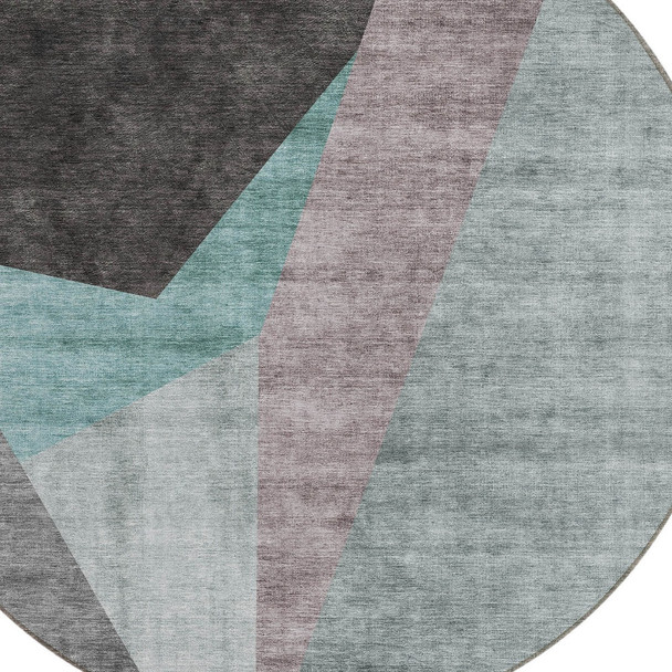 8' Teal Blue Aqua And Charcoal Round Abstract Washable Indoor Outdoor Area Rug