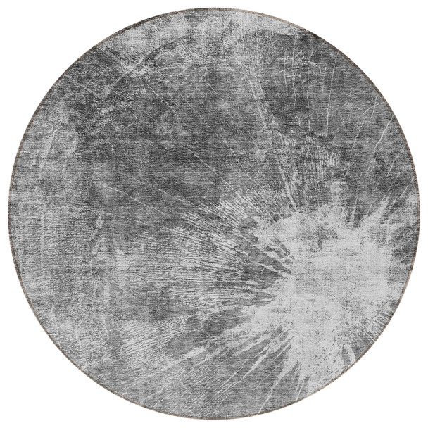 8' Gray Charcoal And Silver Round Abstract Washable Indoor Outdoor Area Rug