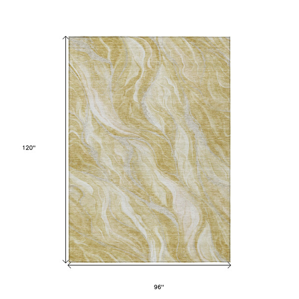 8' X 10' Gold Beige And Ivory Abstract Washable Indoor Outdoor Area Rug