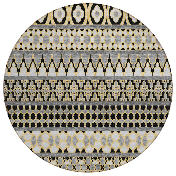 8' Charcoal Gray And Gold Round Quatrefoil Washable Indoor Outdoor Area Rug