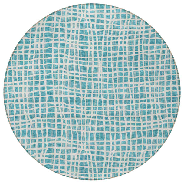8' Teal Blue And Ivory Round Striped Washable Indoor Outdoor Area Rug