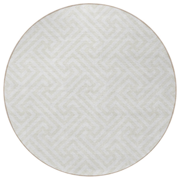 8' Ivory And Beige Round Geometric Washable Indoor Outdoor Area Rug