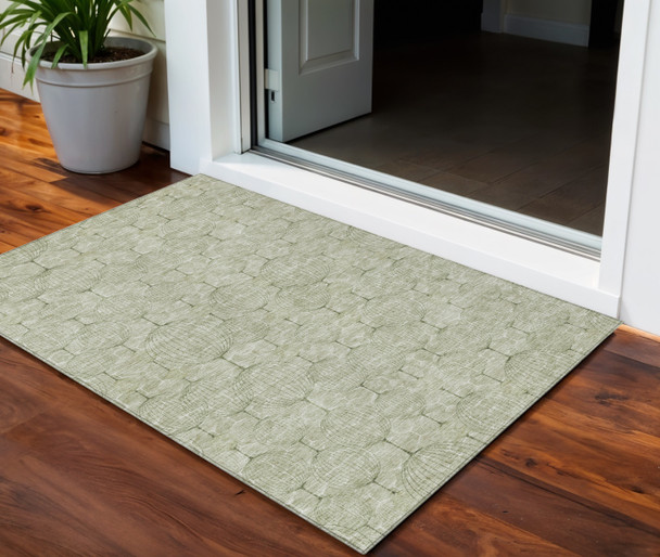 3' X 5' Artichoke Green And Ivory Geometric Washable Indoor Outdoor Area Rug