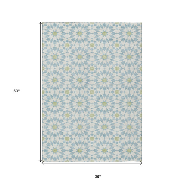 3' X 5' Sky Blue Ivory And Artichoke Green Floral Medallion Washable Indoor Outdoor Area Rug
