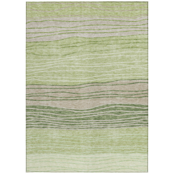 8' X 10' Artichoke Green And Taupe Striped Washable Indoor Outdoor Area Rug