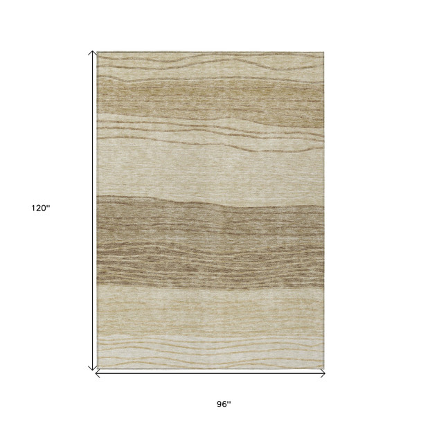 8' X 10' Beige Brown And Taupe Striped Washable Indoor Outdoor Area Rug